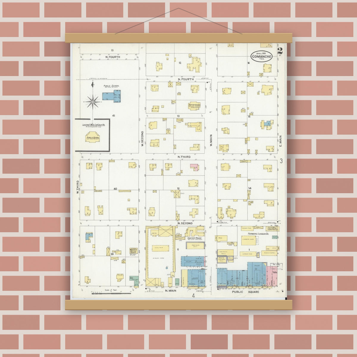 Old map wall art mockup — magnetic wood frame on brick wall — Sanborn Fire Insurance Map from Comanche, Comanche County, Texas (1908), Sheet #0002