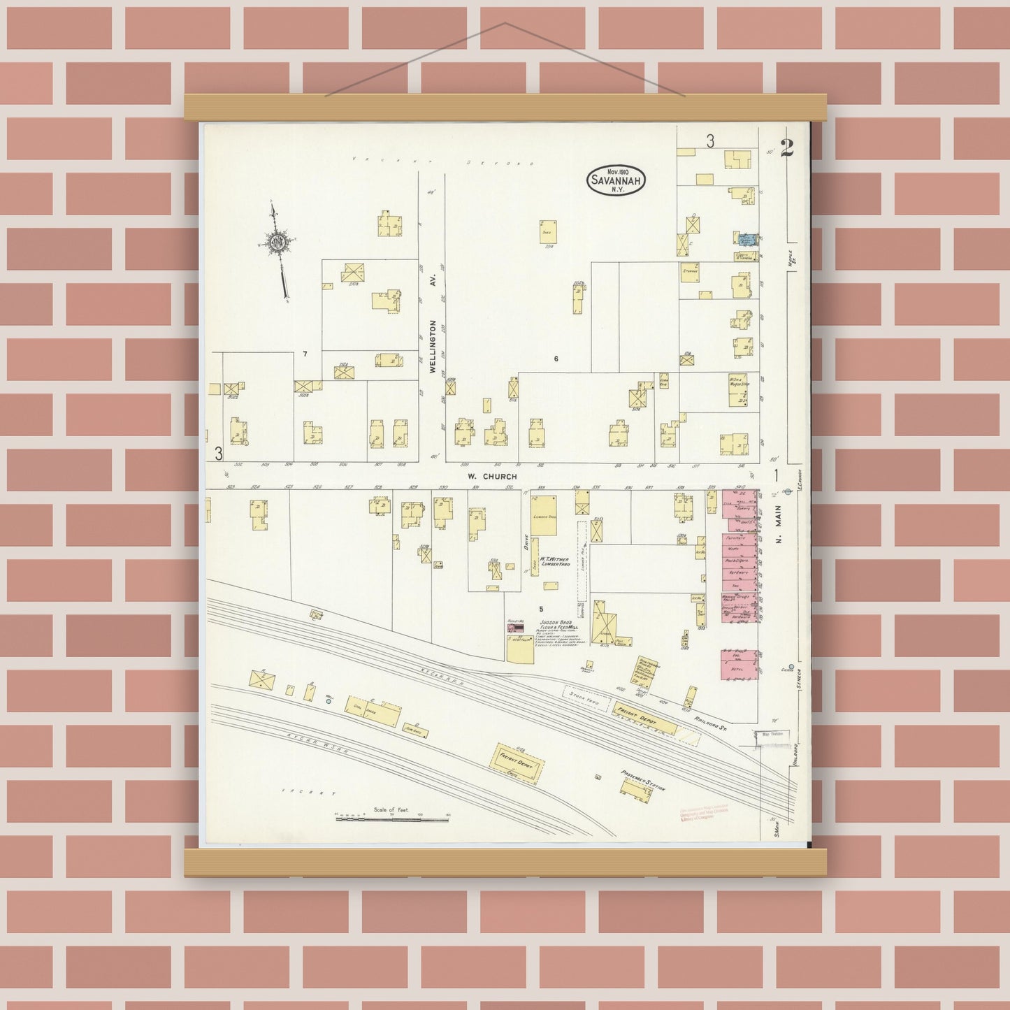 Old map wall art mockup — magnetic wood frame on brick wall — Sanborn Fire Insurance Map from Savannah, Wayne County, New York (1910), Sheet #0002