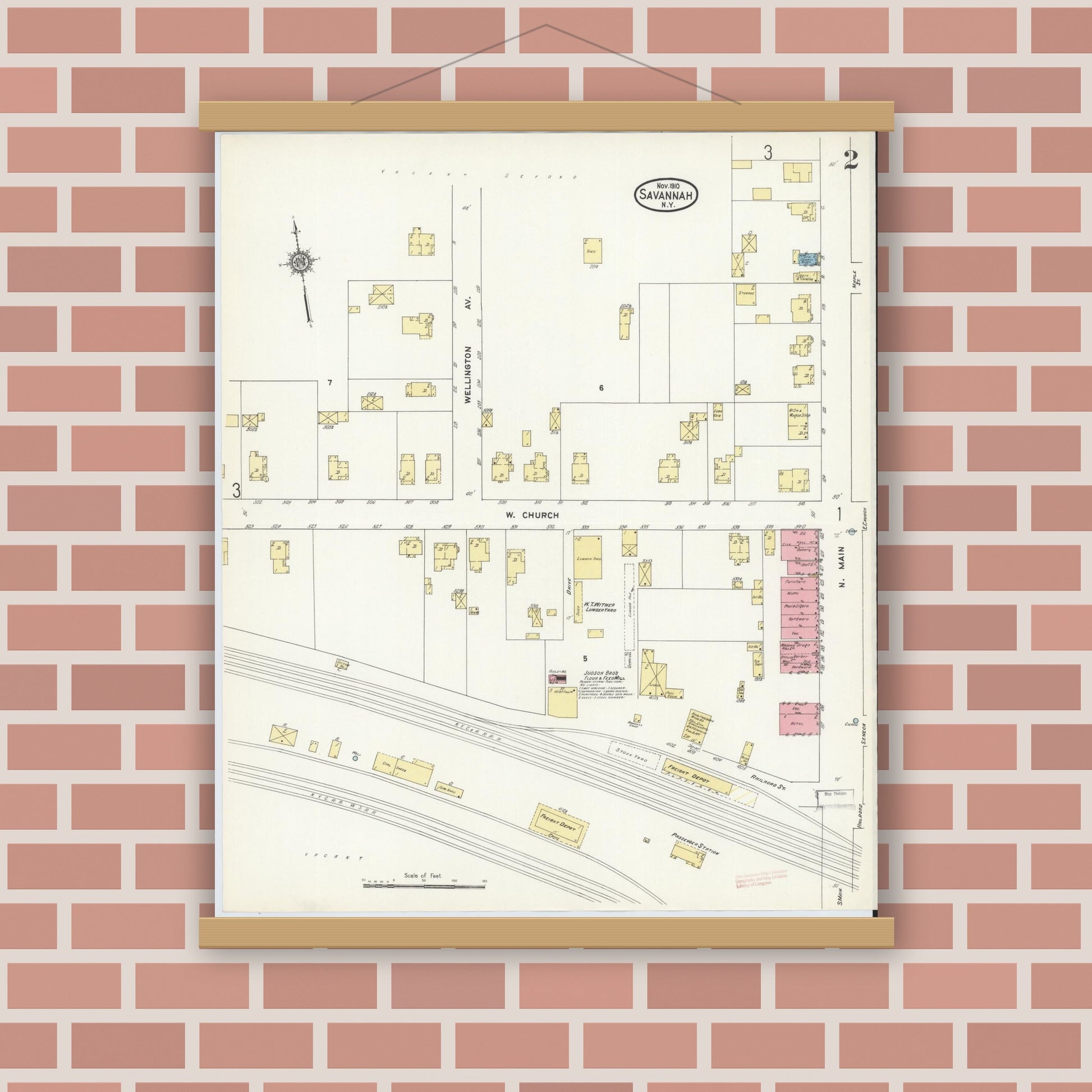 Old map wall art mockup — magnetic wood frame on brick wall — Sanborn Fire Insurance Map from Savannah, Wayne County, New York (1910), Sheet #0002