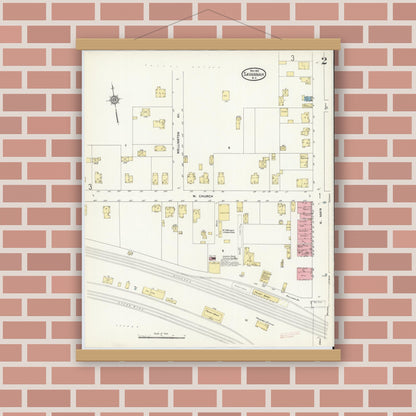 Old map wall art mockup — magnetic wood frame on brick wall — Sanborn Fire Insurance Map from Savannah, Wayne County, New York (1910), Sheet #0002
