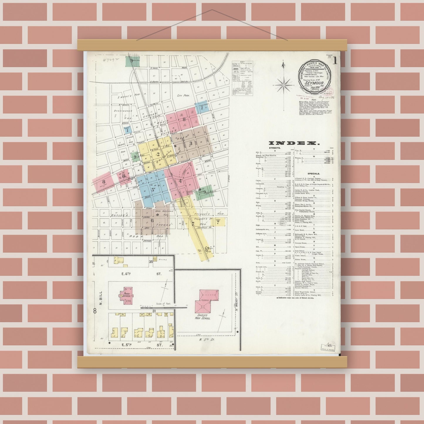 Old map wall art mockup — magnetic wood frame on brick wall — Sanborn Fire Insurance Map from Seymour, Jackson County, Indiana (1896), Sheet #0001
