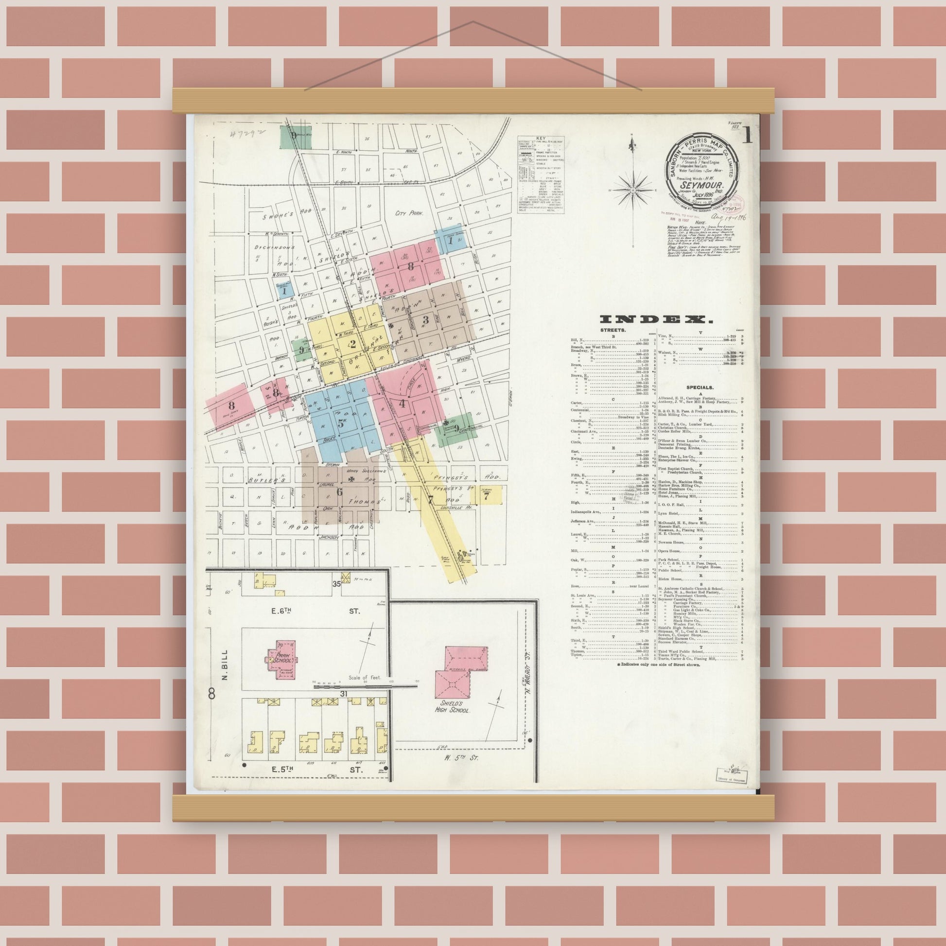 Old map wall art mockup — magnetic wood frame on brick wall — Sanborn Fire Insurance Map from Seymour, Jackson County, Indiana (1896), Sheet #0001