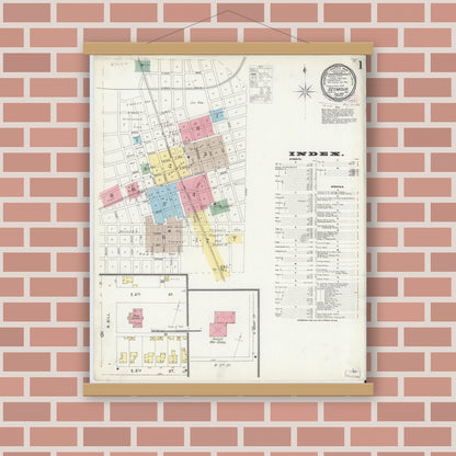 Old map wall art mockup — magnetic wood frame on brick wall — Sanborn Fire Insurance Map from Seymour, Jackson County, Indiana (1896), Sheet #0001