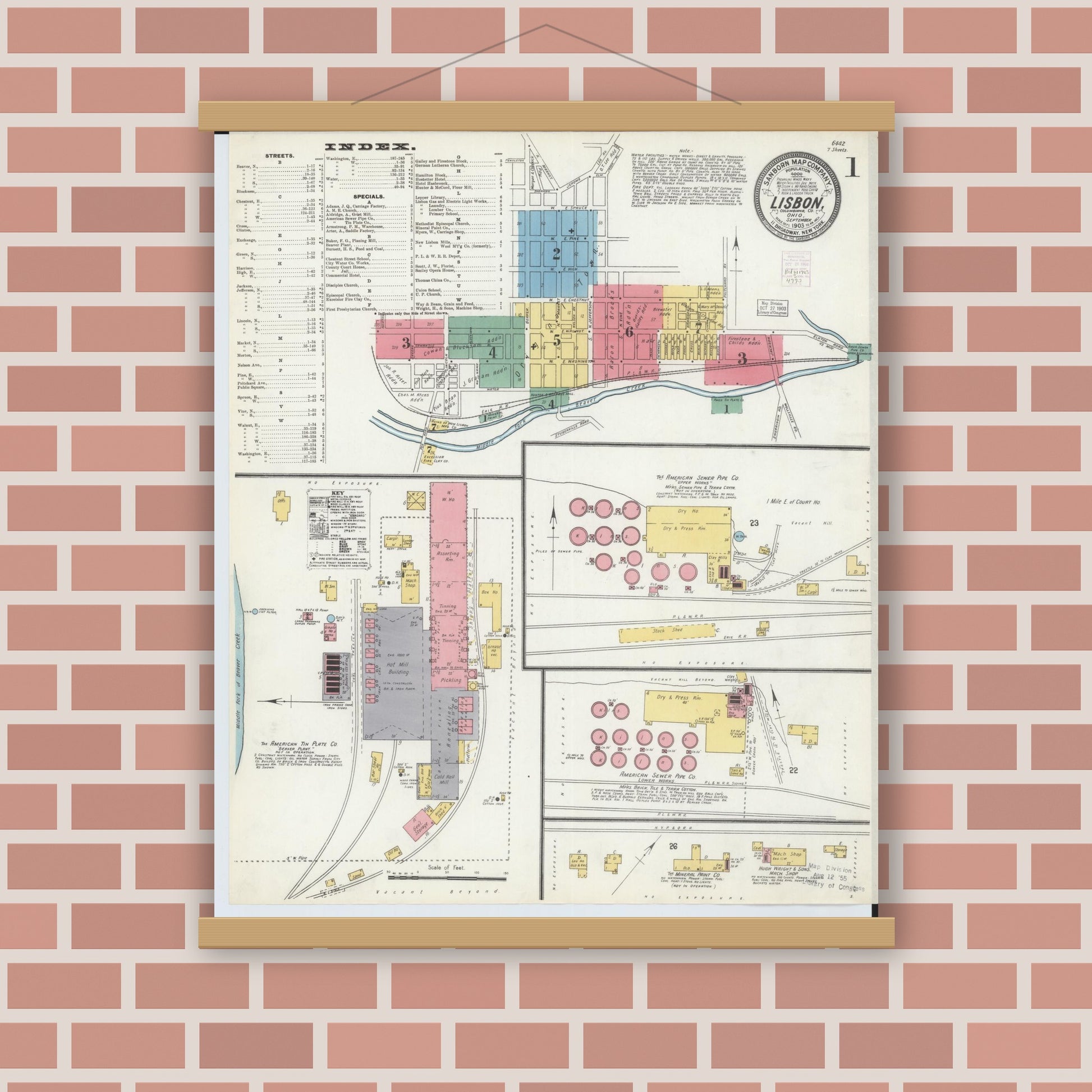 Old map wall art mockup — magnetic wood frame on brick wall — Sanborn Fire Insurance Map from Lisbon, Columbiana County, Ohio (1903), Sheet #0001