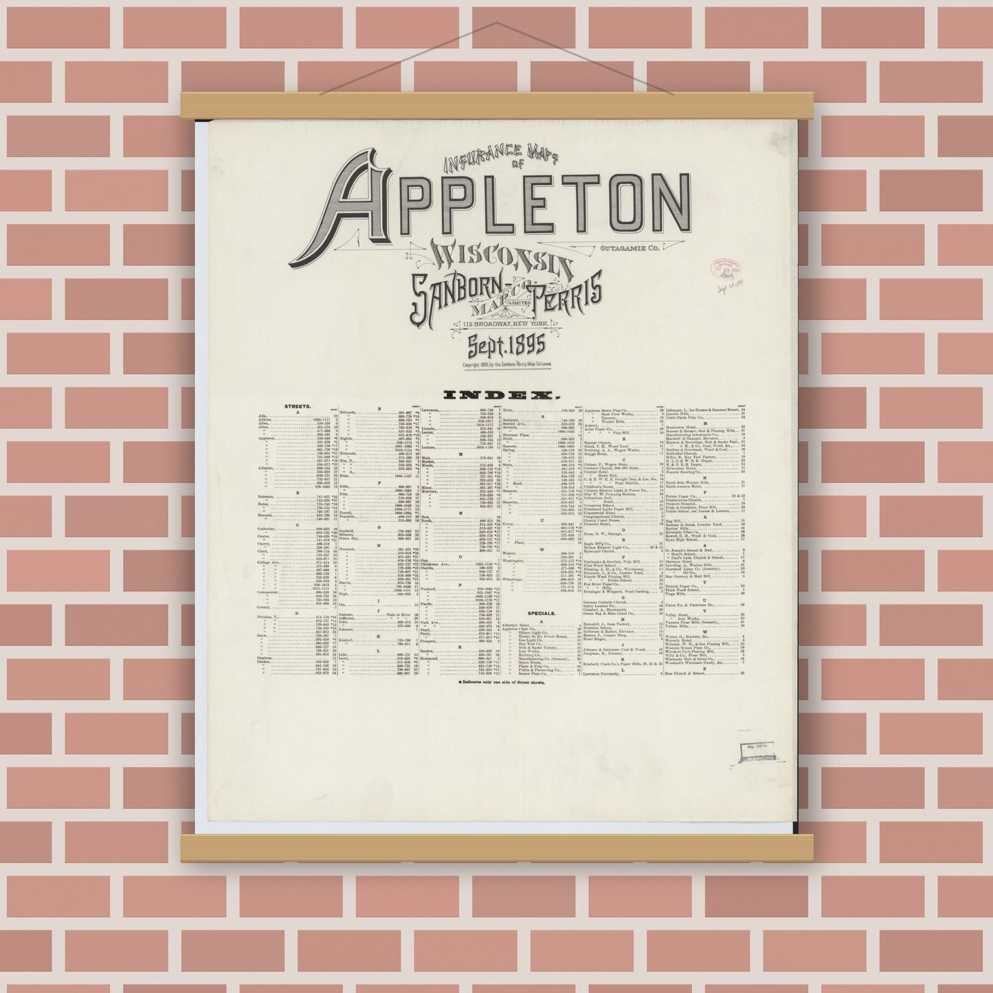 Old map wall art mockup — magnetic wood frame on brick wall — Sanborn Fire Insurance Map from Appleton, Outagamie County, Wisconsin (1895), Sheet #0001