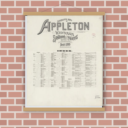 Old map wall art mockup — magnetic wood frame on brick wall — Sanborn Fire Insurance Map from Appleton, Outagamie County, Wisconsin (1895), Sheet #0001