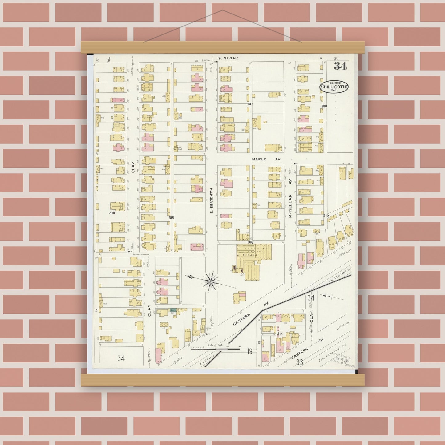 Old map wall art mockup — magnetic wood frame on brick wall — Sanborn Fire Insurance Map from Chillicothe, Ross County, Ohio (1909), Sheet #0034