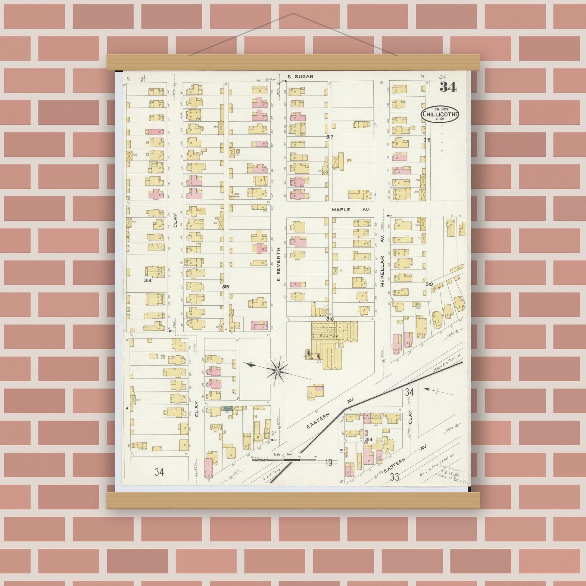 Old map wall art mockup — magnetic wood frame on brick wall — Sanborn Fire Insurance Map from Chillicothe, Ross County, Ohio (1909), Sheet #0034