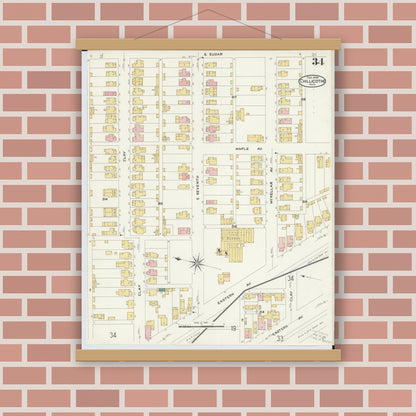 Old map wall art mockup — magnetic wood frame on brick wall — Sanborn Fire Insurance Map from Chillicothe, Ross County, Ohio (1909), Sheet #0034