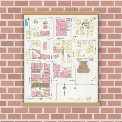Old map wall art mockup — magnetic wood frame on brick wall — Sanborn Fire Insurance Map from Ann Arbor, Washtenaw County, Michigan (1925), Sheet #0007