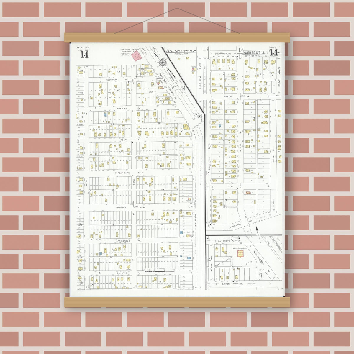 Old map wall art mockup — magnetic wood frame on brick wall — Sanborn Fire Insurance Map from Beloit, Rock County, Wisconsin (1939), Sheet #0014