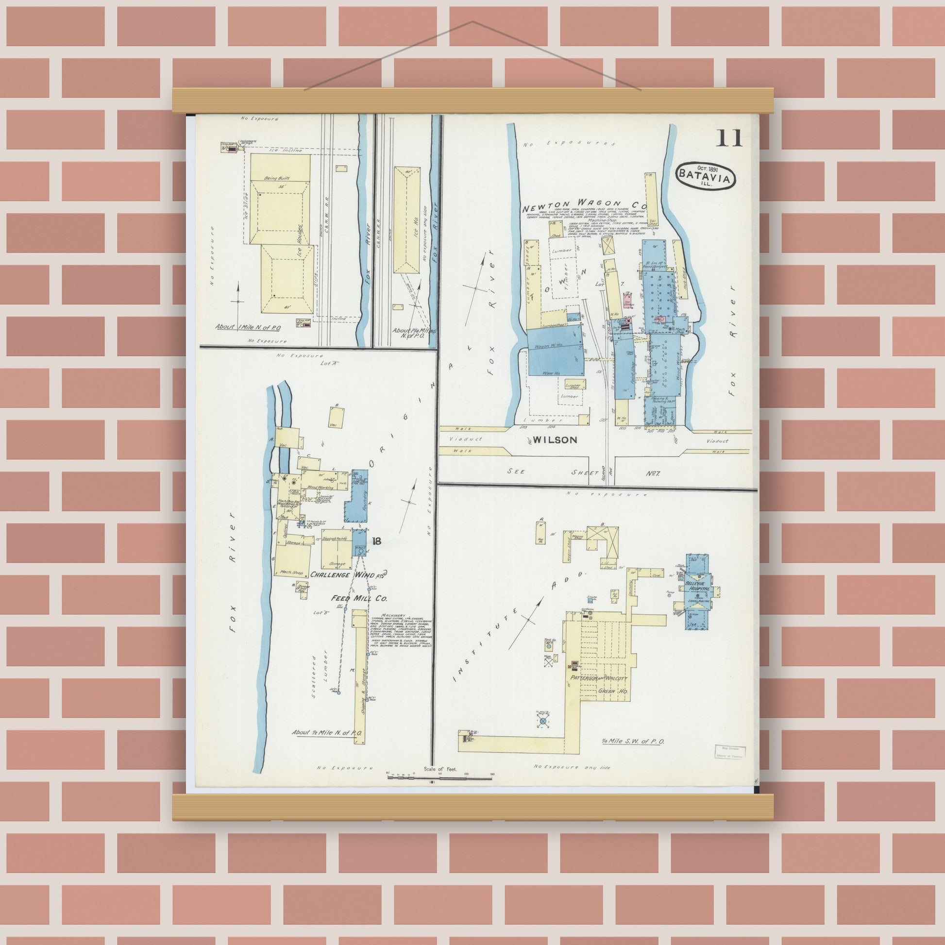 Old map wall art mockup — magnetic wood frame on brick wall — Sanborn Fire Insurance Map from Batavia, Kane County, Illinois (1891), Sheet #0011