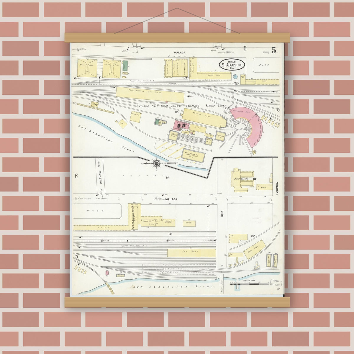 Old map wall art mockup — magnetic wood frame on brick wall — Sanborn Fire Insurance Map from Saint Augustine, Saint John's County, Florida (1910), Sheet #0005