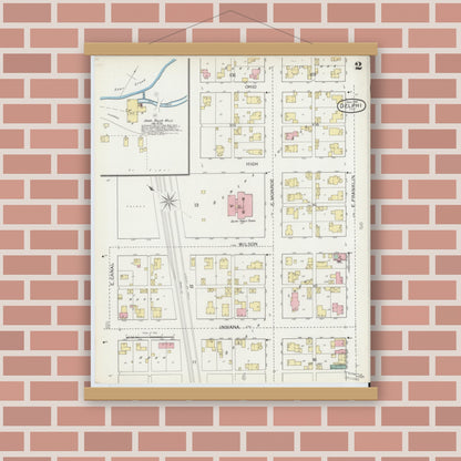 Old map wall art mockup — magnetic wood frame on brick wall — Sanborn Fire Insurance Map from Delphi, Carroll County, Indiana (1893), Sheet #0002