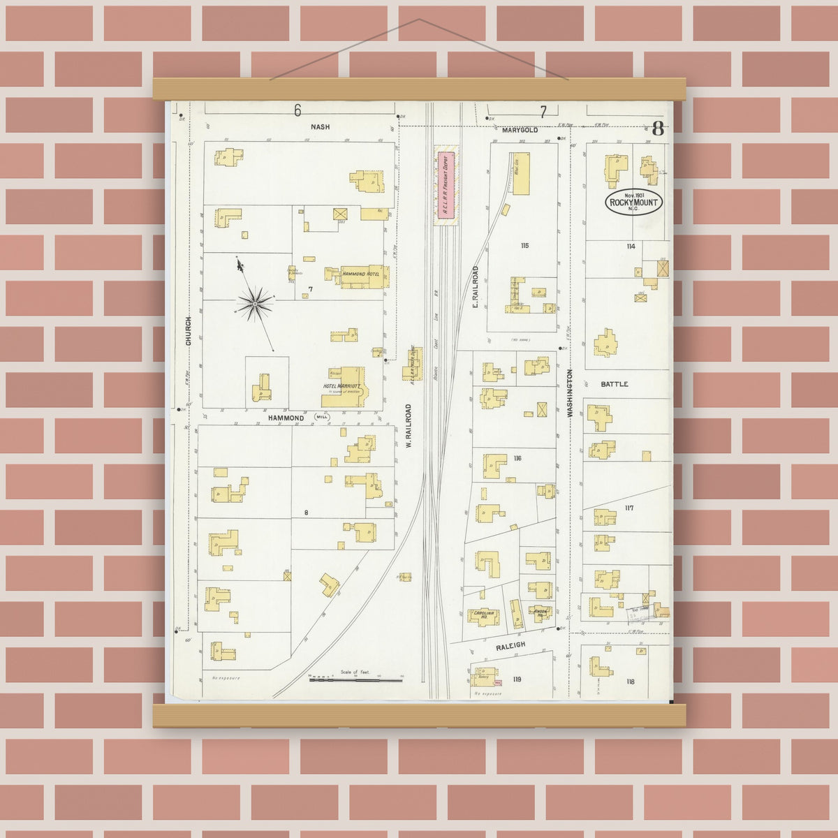 Old map wall art mockup — magnetic wood frame on brick wall — Sanborn Fire Insurance Map from Rocky Mount, Edgecombe And Nash Counties, North Carolina (1901), Sheet #0008