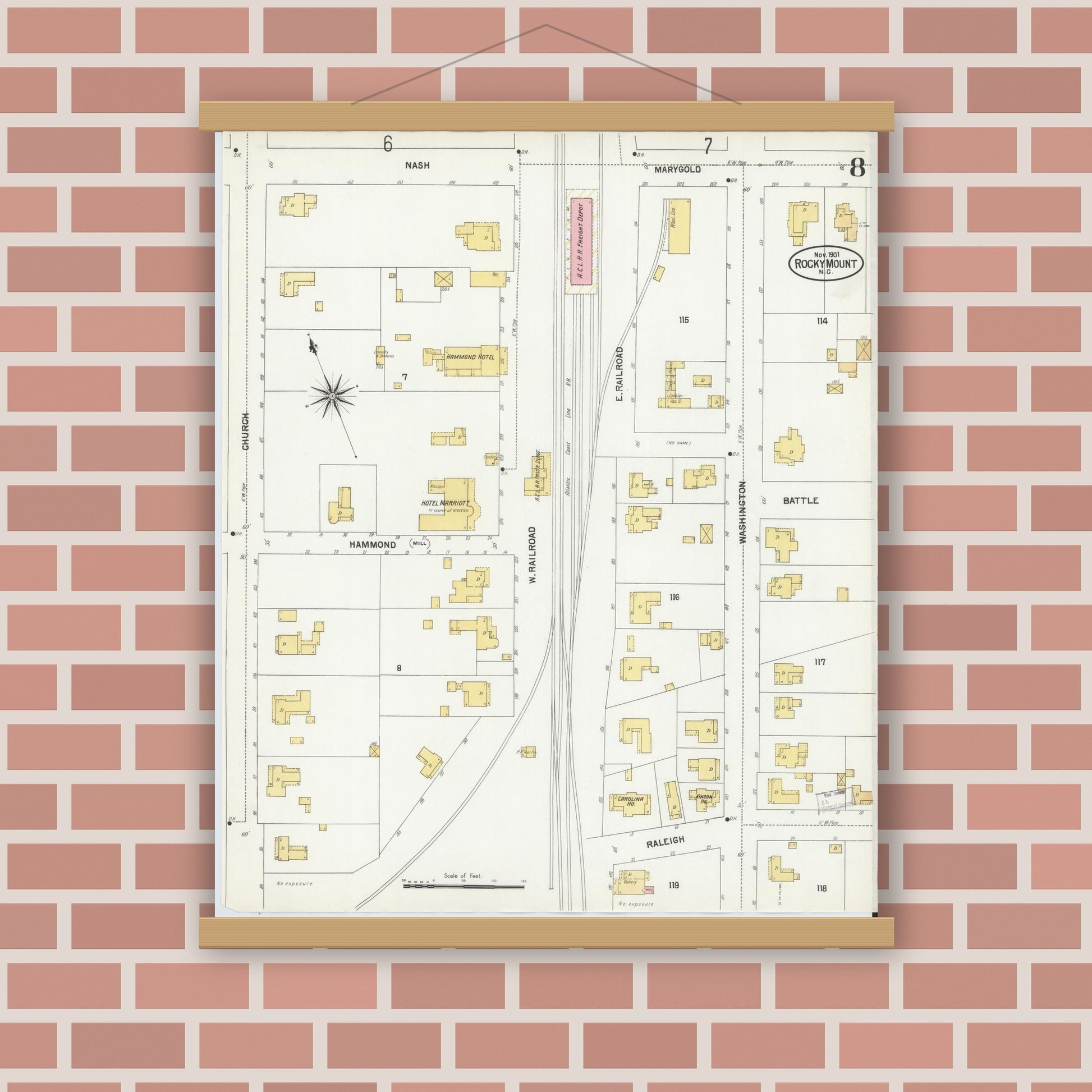 Old map wall art mockup — magnetic wood frame on brick wall — Sanborn Fire Insurance Map from Rocky Mount, Edgecombe And Nash Counties, North Carolina (1901), Sheet #0008