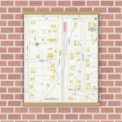 Old map wall art mockup — magnetic wood frame on brick wall — Sanborn Fire Insurance Map from Rocky Mount, Edgecombe And Nash Counties, North Carolina (1901), Sheet #0008