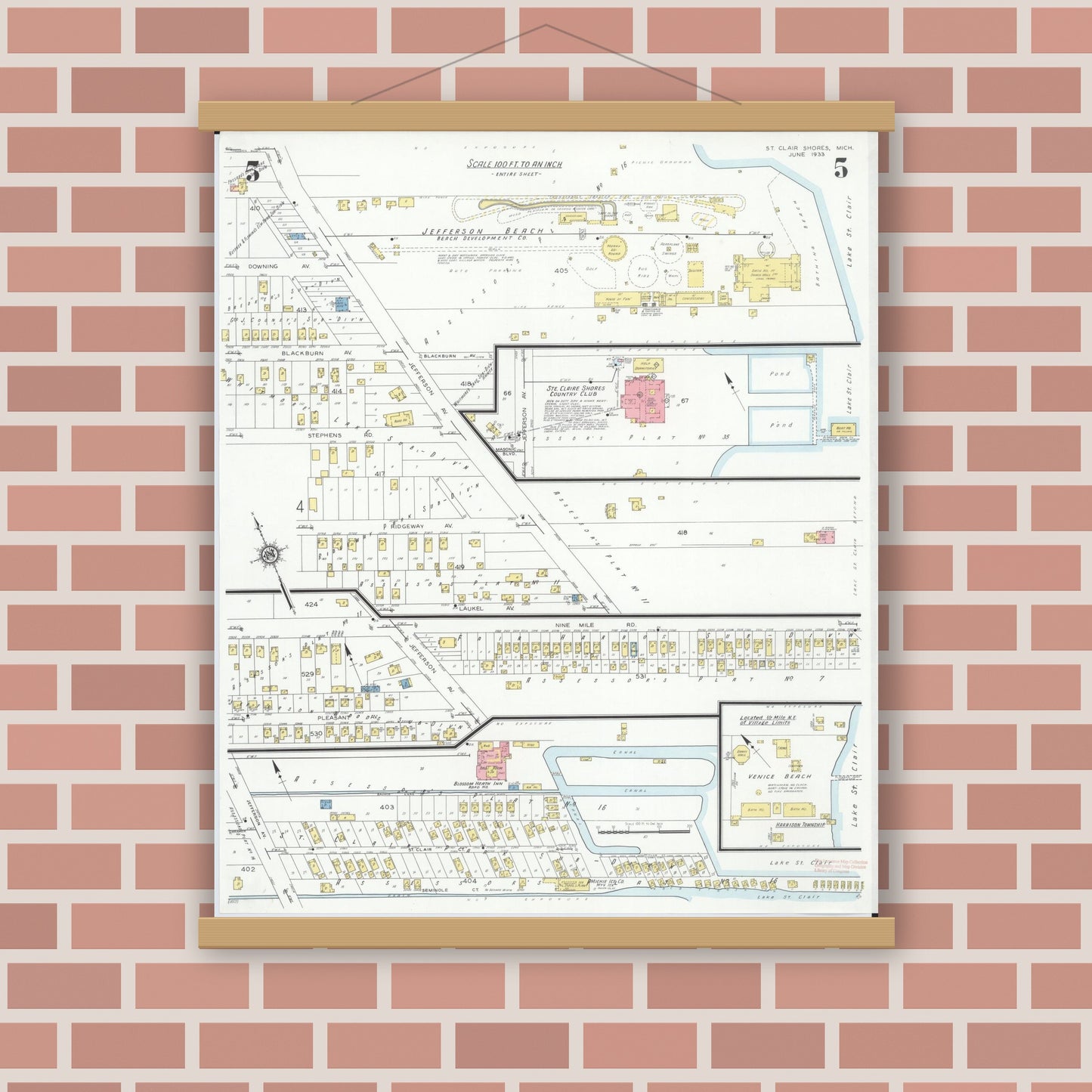 Old map wall art mockup — magnetic wood frame on brick wall — Sanborn Fire Insurance Map from Saint Clair Shores, Macomb County, Michigan (1933), Sheet #0005