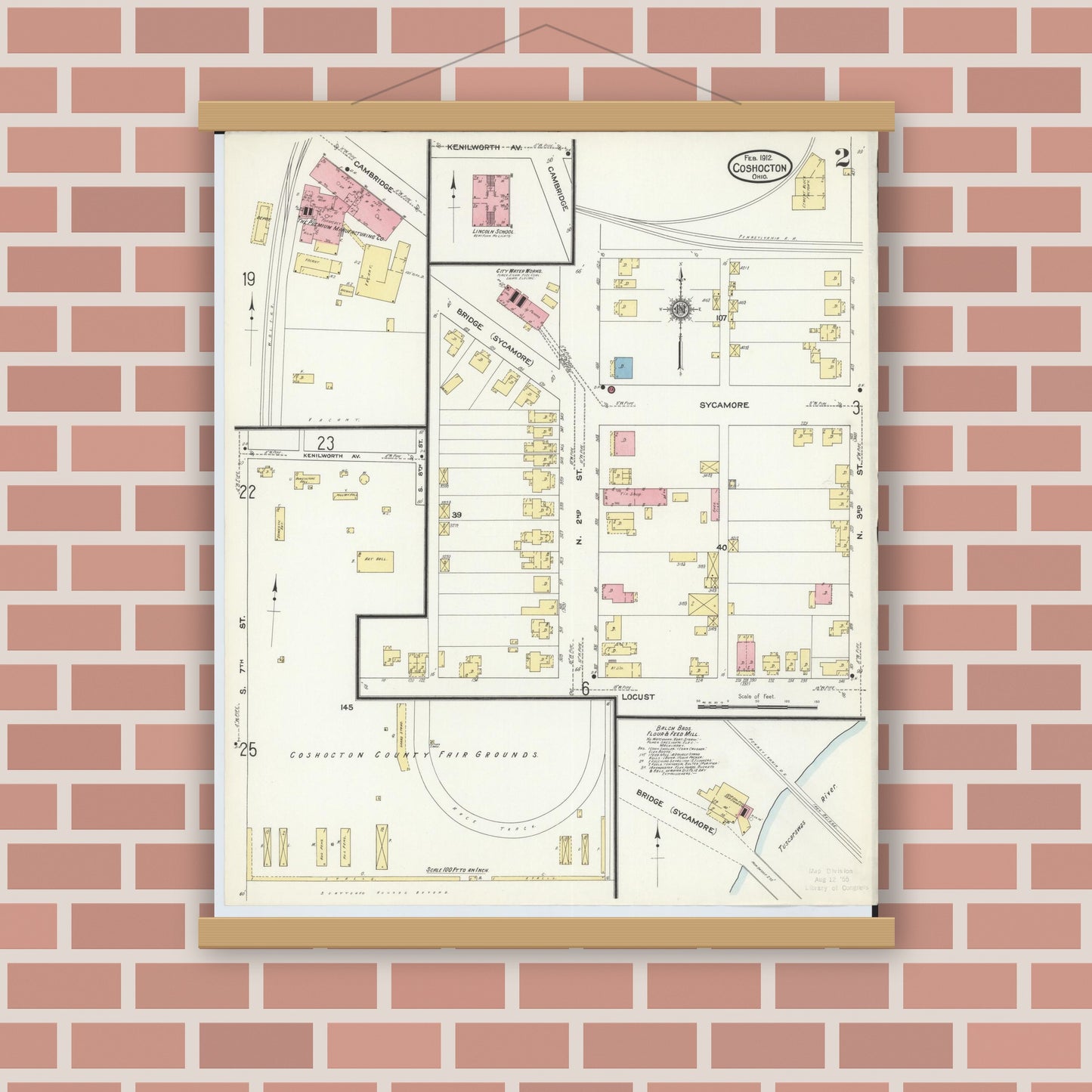 Old map wall art mockup — magnetic wood frame on brick wall — Sanborn Fire Insurance Map from Coshocton, Coshocton County, Ohio (1912), Sheet #0002