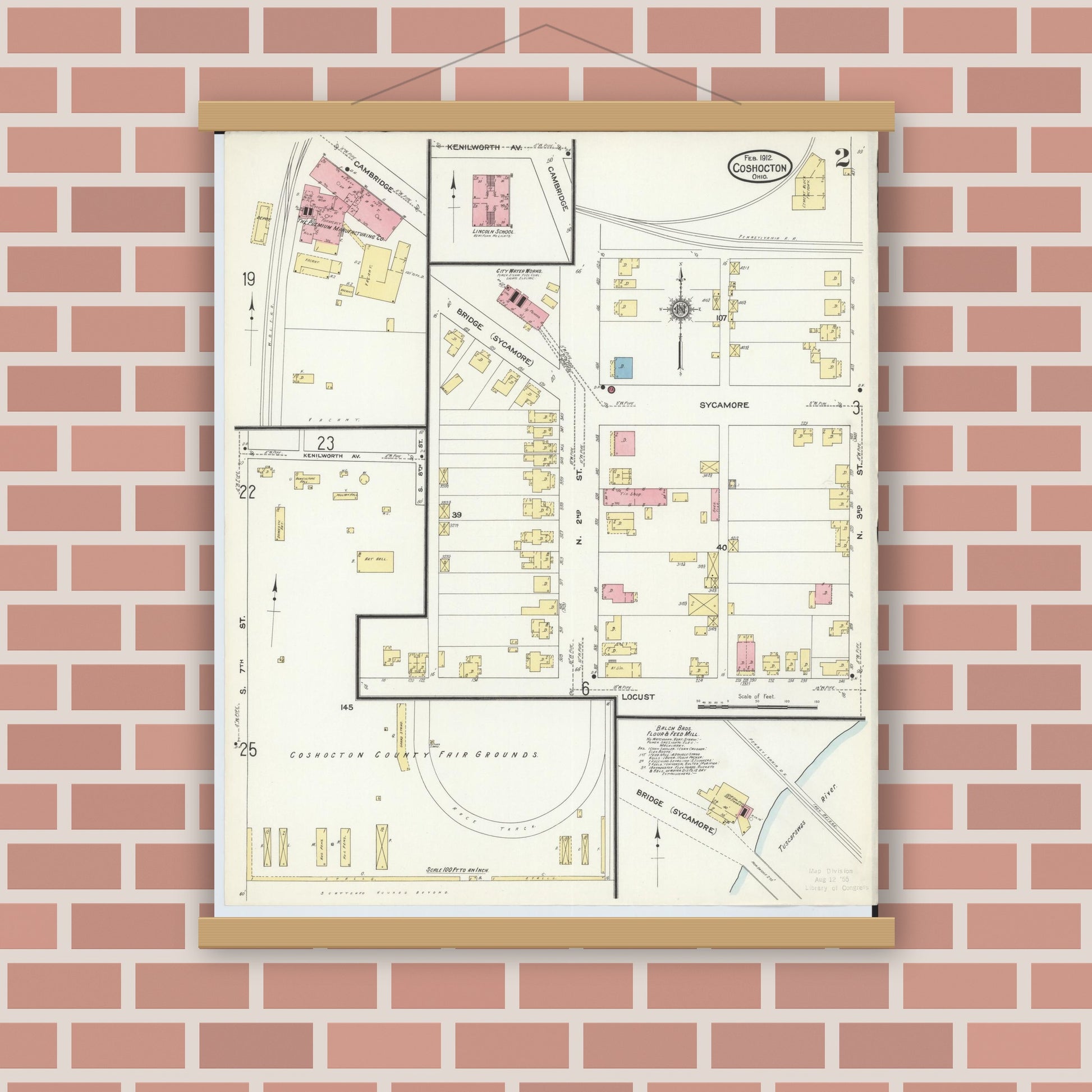 Old map wall art mockup — magnetic wood frame on brick wall — Sanborn Fire Insurance Map from Coshocton, Coshocton County, Ohio (1912), Sheet #0002