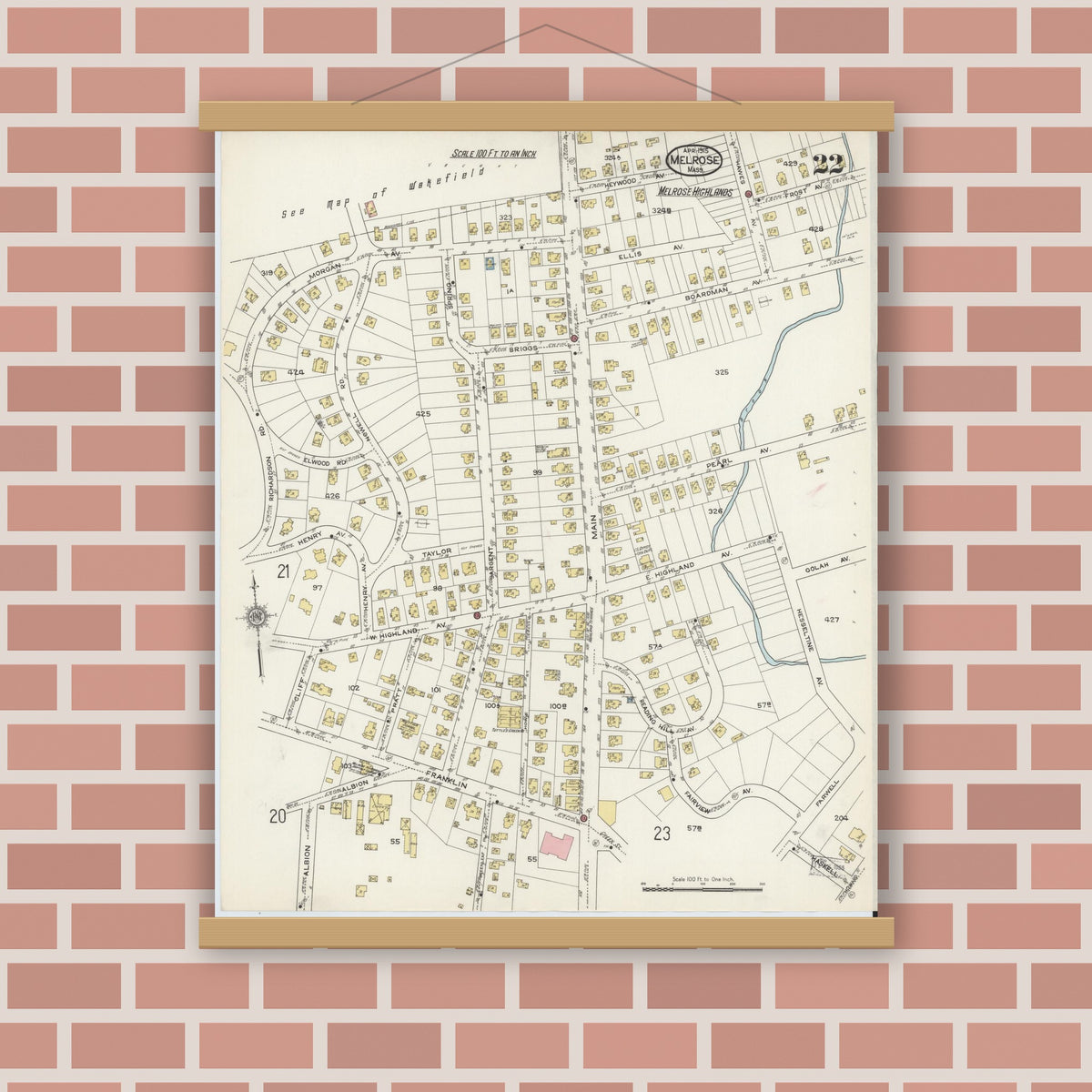 Old map wall art mockup — magnetic wood frame on brick wall — Sanborn Fire Insurance Map from Melrose, Middlesex County, Massachusetts (1915), Sheet #0022