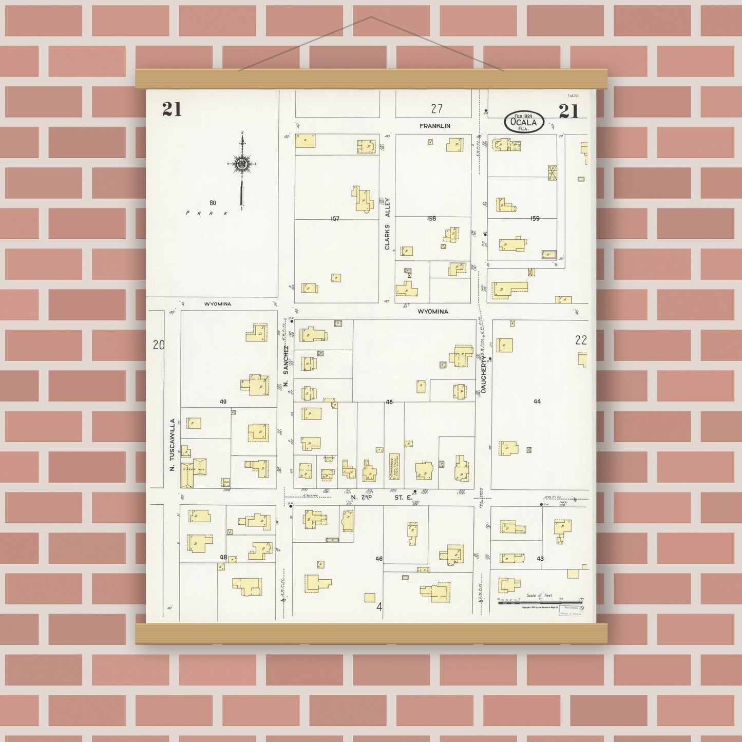 Old map wall art mockup — magnetic wood frame on brick wall — Sanborn Fire Insurance Map from Ocala, Marion County, Florida (1924), Sheet #0021