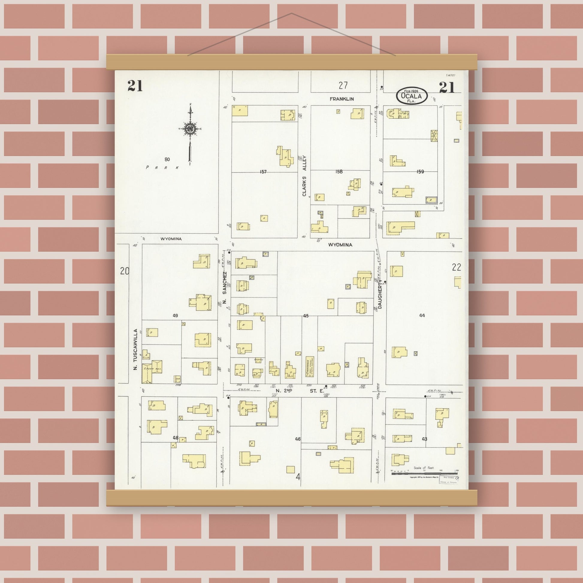 Old map wall art mockup — magnetic wood frame on brick wall — Sanborn Fire Insurance Map from Ocala, Marion County, Florida (1924), Sheet #0021