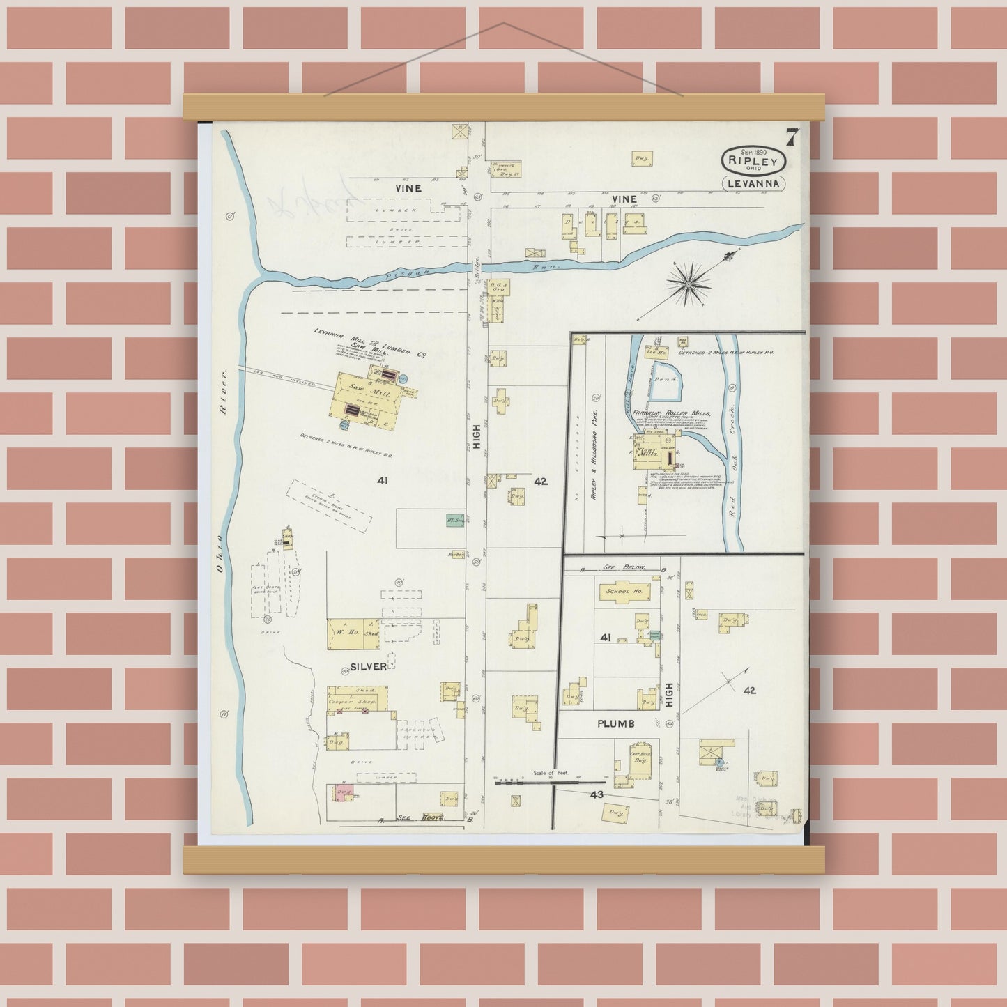 Old map wall art mockup — magnetic wood frame on brick wall — Sanborn Fire Insurance Map from Ripley, Brown County, Ohio (1890), Sheet #0007