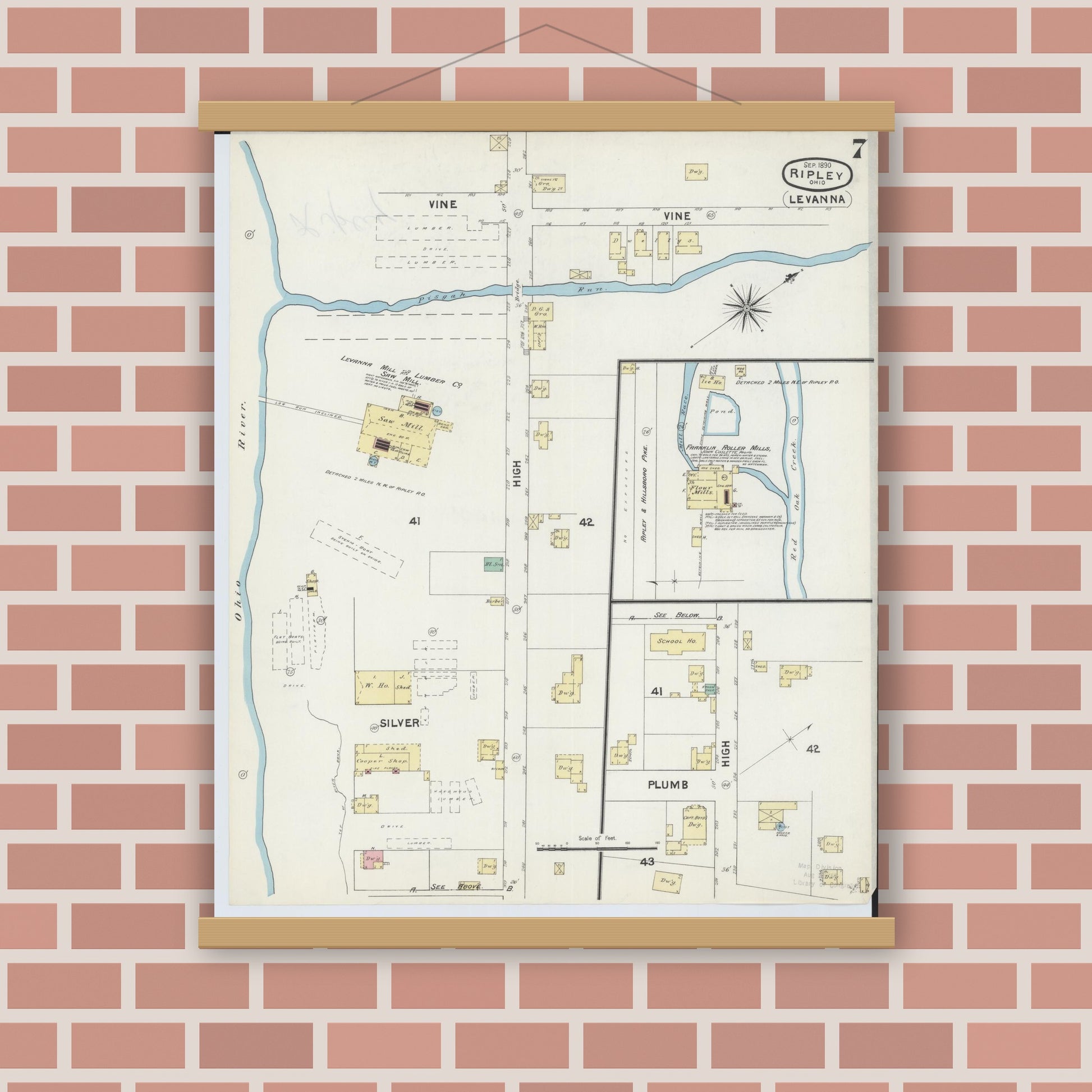 Old map wall art mockup — magnetic wood frame on brick wall — Sanborn Fire Insurance Map from Ripley, Brown County, Ohio (1890), Sheet #0007