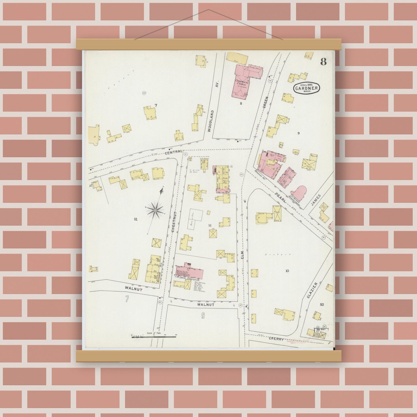 Old map wall art mockup — magnetic wood frame on brick wall — Sanborn Fire Insurance Map from Gardner, Worcester County, Massachusetts (1895), Sheet #0008