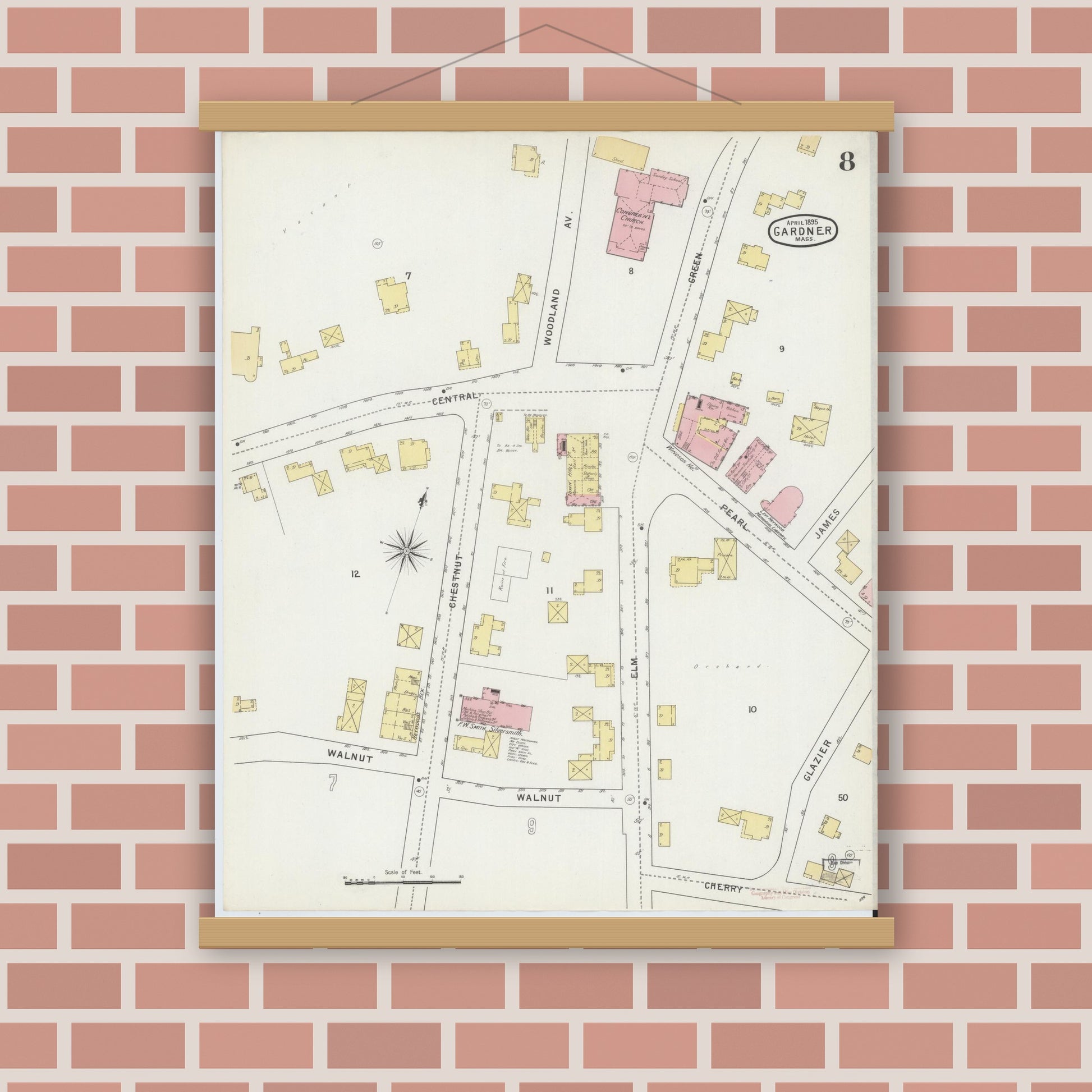 Old map wall art mockup — magnetic wood frame on brick wall — Sanborn Fire Insurance Map from Gardner, Worcester County, Massachusetts (1895), Sheet #0008