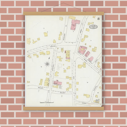 Old map wall art mockup — magnetic wood frame on brick wall — Sanborn Fire Insurance Map from Gardner, Worcester County, Massachusetts (1895), Sheet #0008