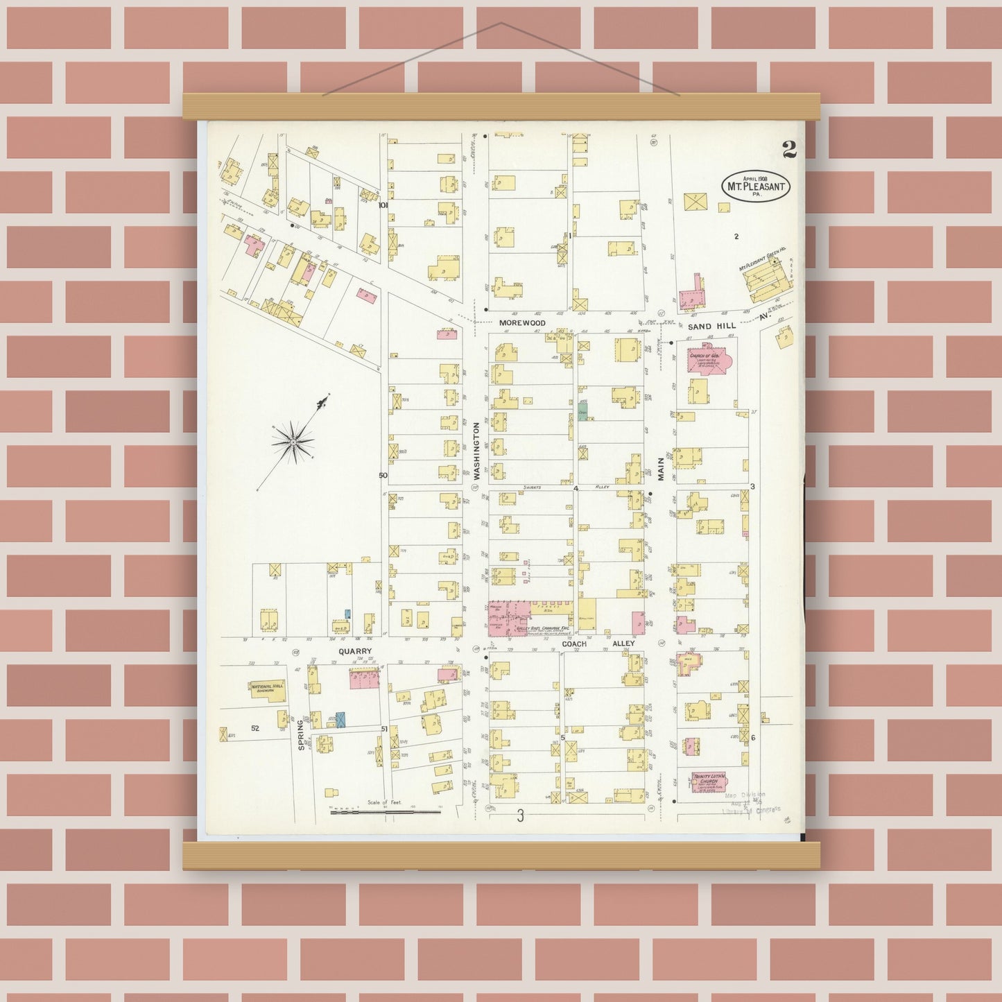Old map wall art mockup — magnetic wood frame on brick wall — Sanborn Fire Insurance Map from Mount Pleasant, Westmoreland County, Pennsylvania (1908), Sheet #0002