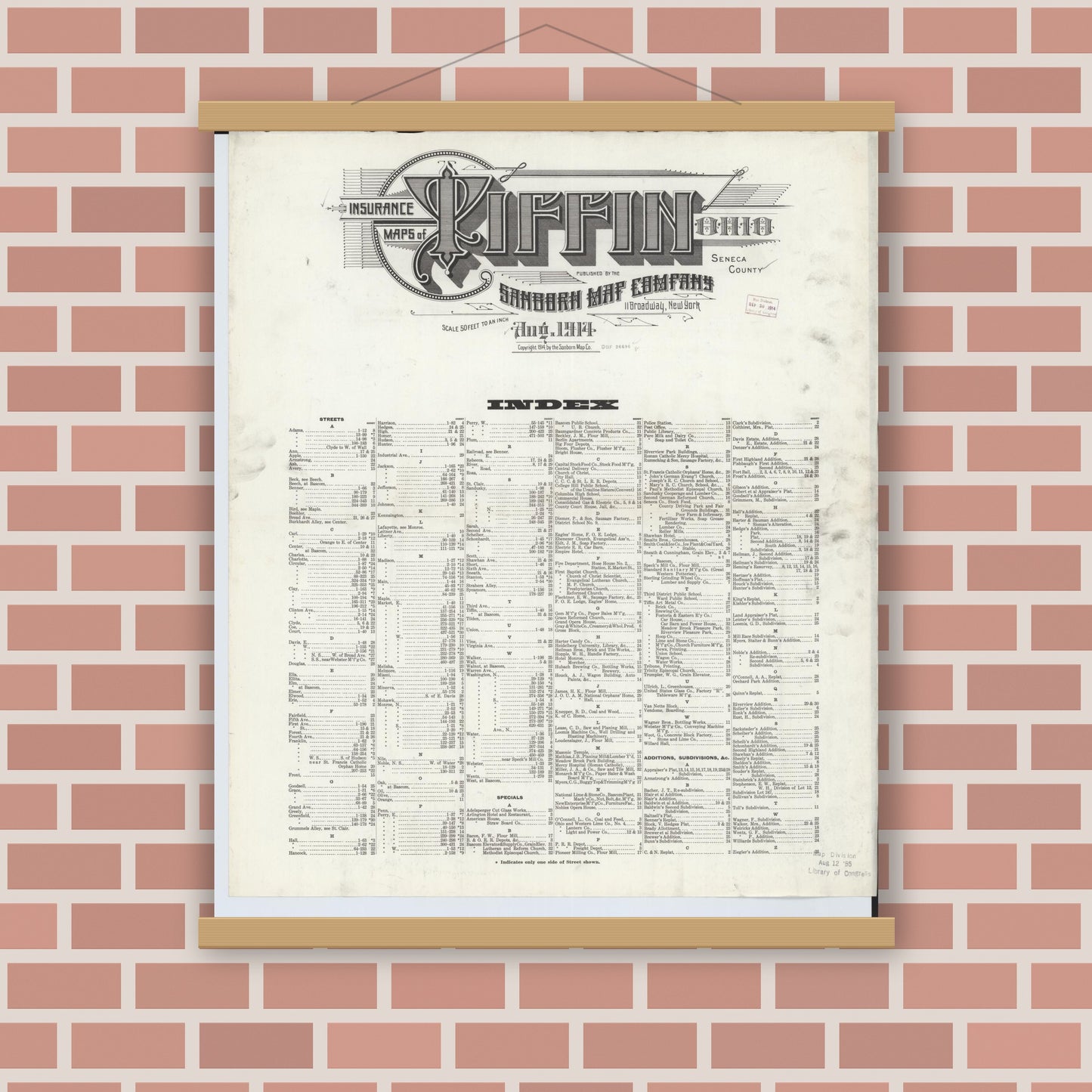 Old map wall art mockup — magnetic wood frame on brick wall — Sanborn Fire Insurance Map from Tiffin, Seneca County, Ohio (1914), Sheet #0001