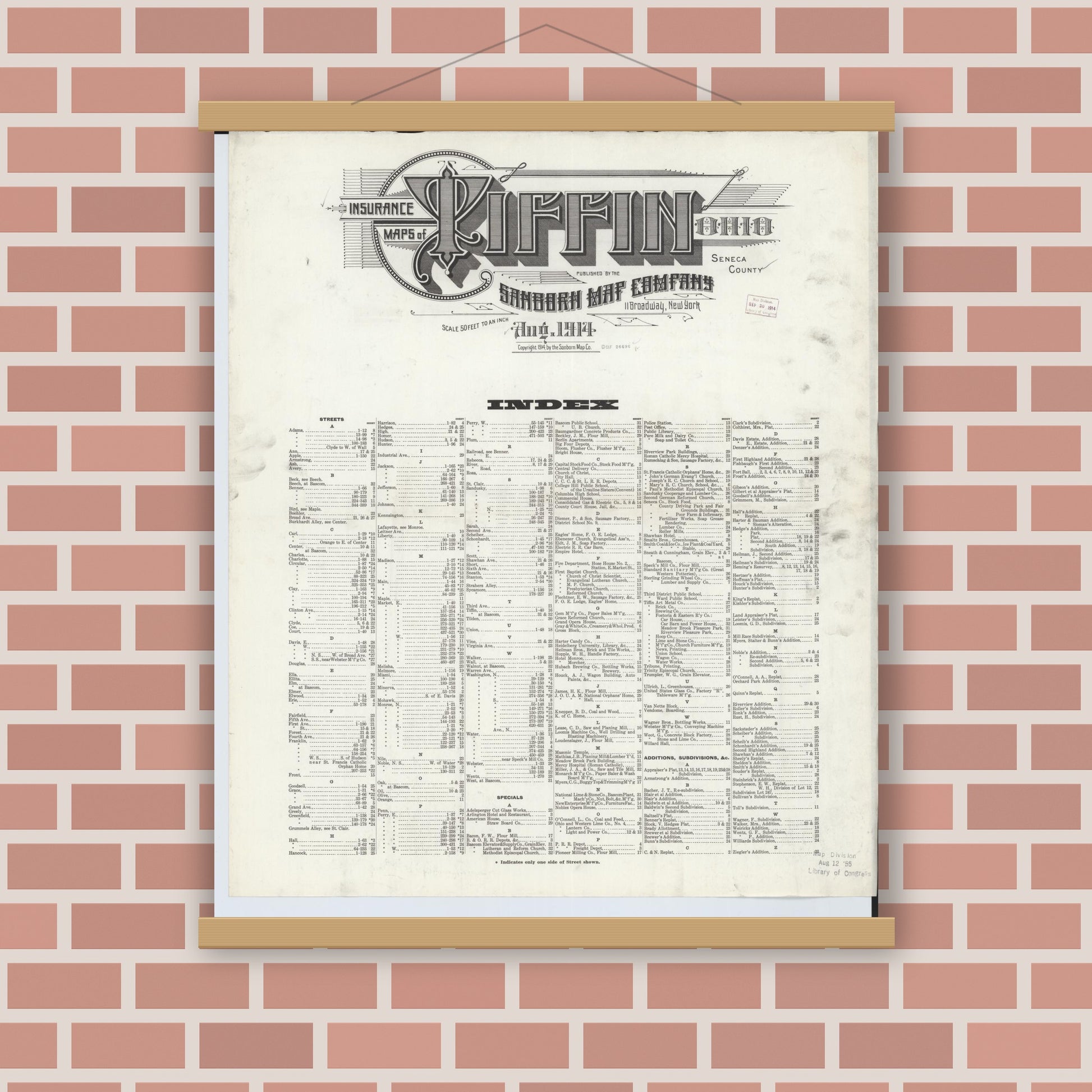 Old map wall art mockup — magnetic wood frame on brick wall — Sanborn Fire Insurance Map from Tiffin, Seneca County, Ohio (1914), Sheet #0001