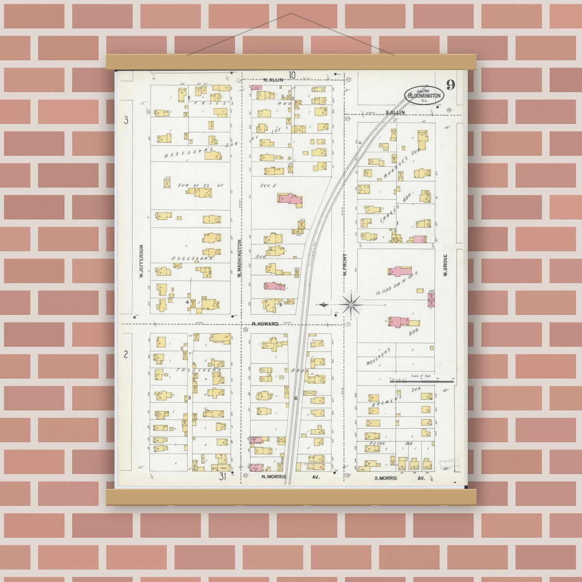 Old map wall art mockup — magnetic wood frame on brick wall — Sanborn Fire Insurance Map from Bloomington, McLean County, Illinois (1901), Sheet #0009