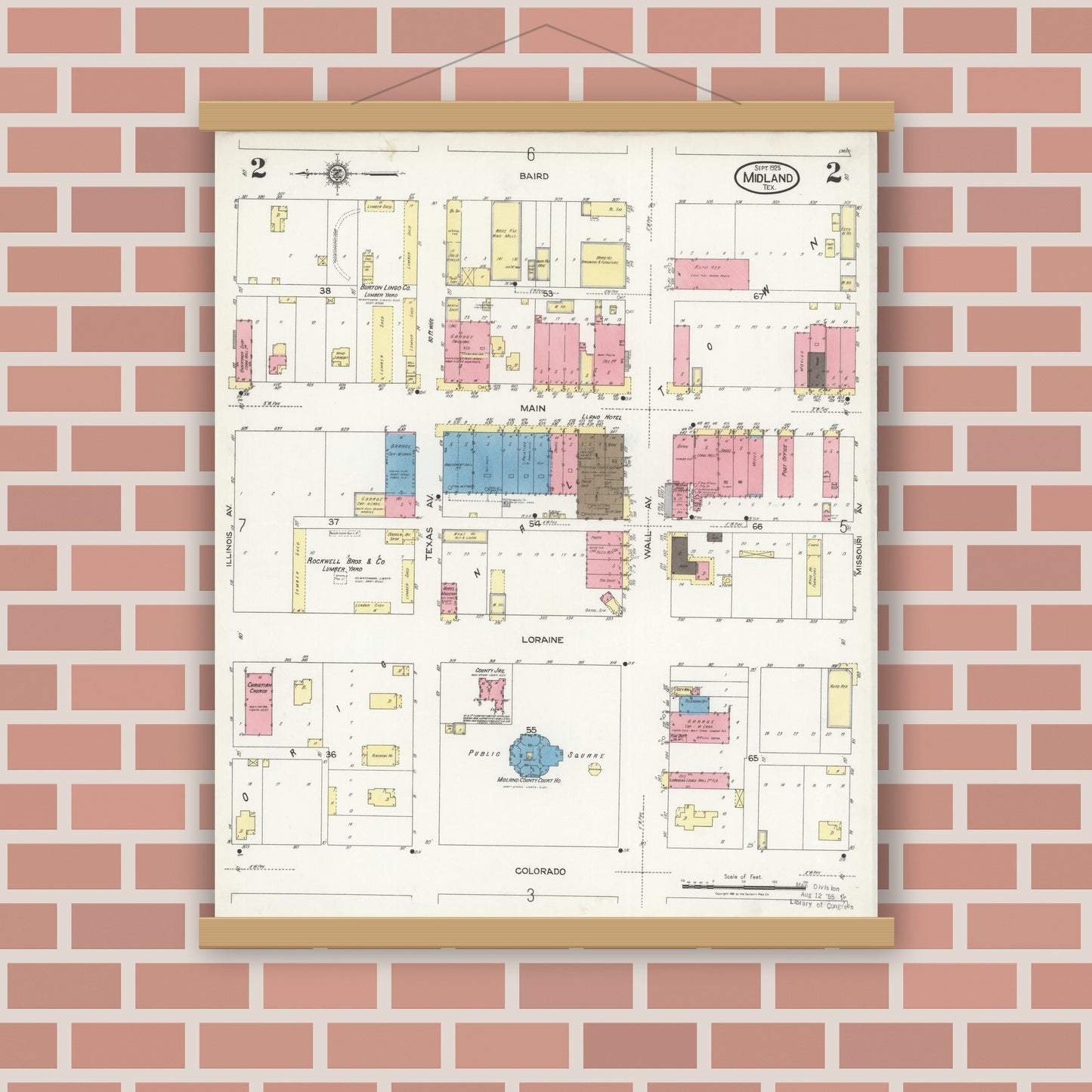 Old map wall art mockup — magnetic wood frame on brick wall — Sanborn Fire Insurance Map from Midland, Midland County, Texas (1925), Sheet #0002