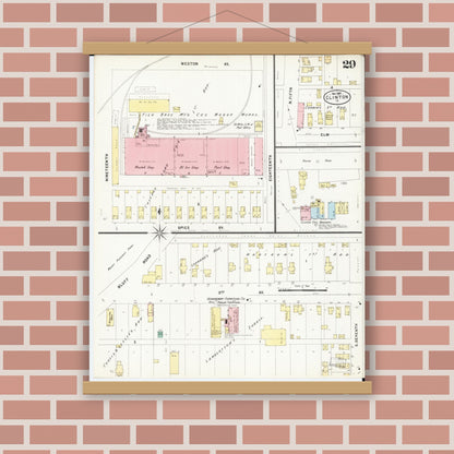 Old map wall art mockup — magnetic wood frame on brick wall — Sanborn Fire Insurance Map from Clinton, Clinton County, Iowa (1897), Sheet #0029