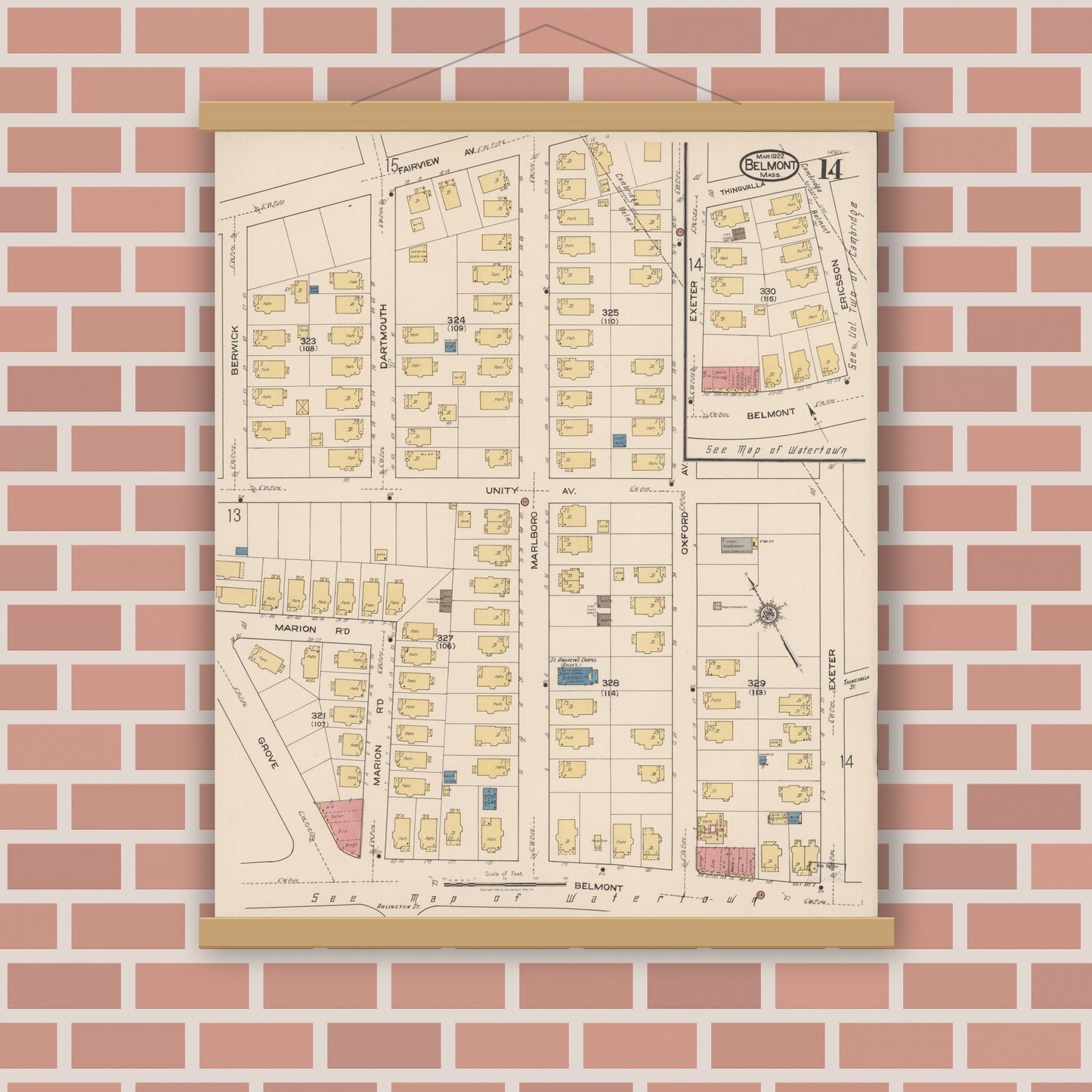 Old map wall art mockup — magnetic wood frame on brick wall — Sanborn Fire Insurance Map from Belmont, Middlesex County, Massachusetts (1922), Sheet #0014