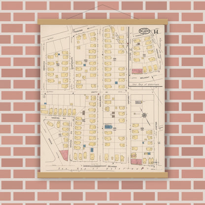 Old map wall art mockup — magnetic wood frame on brick wall — Sanborn Fire Insurance Map from Belmont, Middlesex County, Massachusetts (1922), Sheet #0014