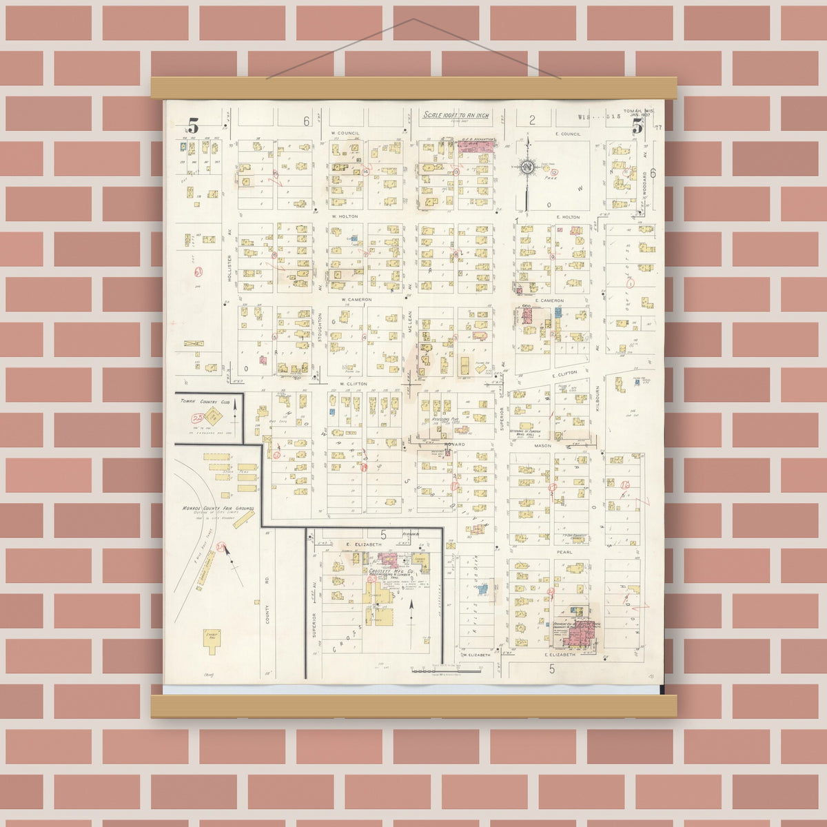 Old map wall art mockup — magnetic wood frame on brick wall — Sanborn Fire Insurance Map from Tomah, Monroe County, Wisconsin (1944), Sheet #0005