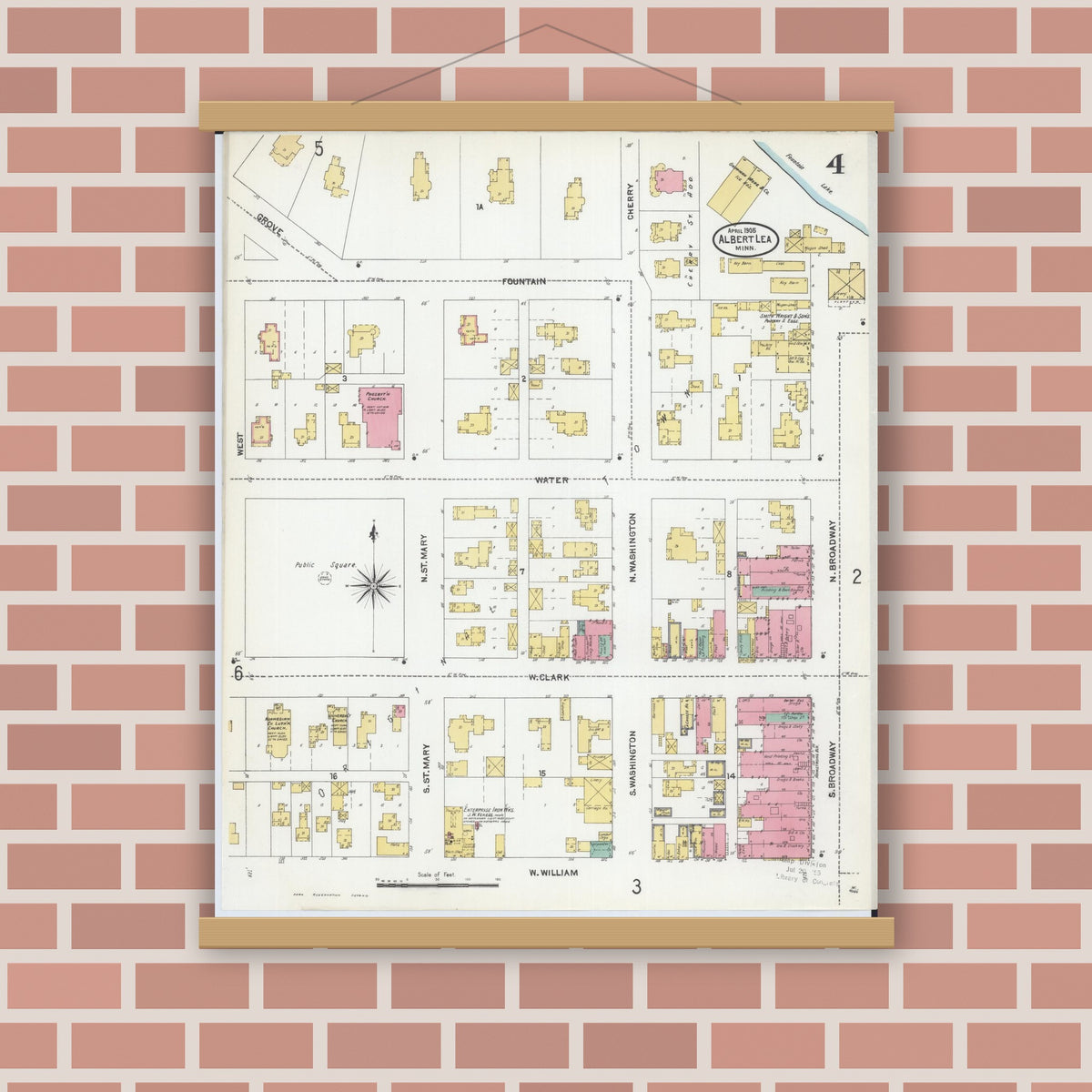Old map wall art mockup — magnetic wood frame on brick wall — Sanborn Fire Insurance Map from Albert Lea, Freeborn County, Minnesota (1905), Sheet #0004