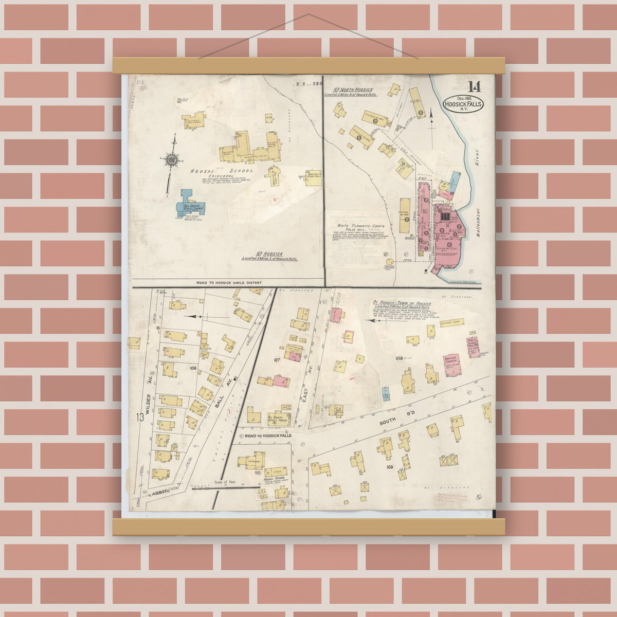 Old map wall art mockup — magnetic wood frame on brick wall — Sanborn Fire Insurance Map from Hoosick Falls, Rensselaer County, New York (1945), Sheet #0014