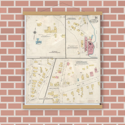 Old map wall art mockup — magnetic wood frame on brick wall — Sanborn Fire Insurance Map from Hoosick Falls, Rensselaer County, New York (1945), Sheet #0014
