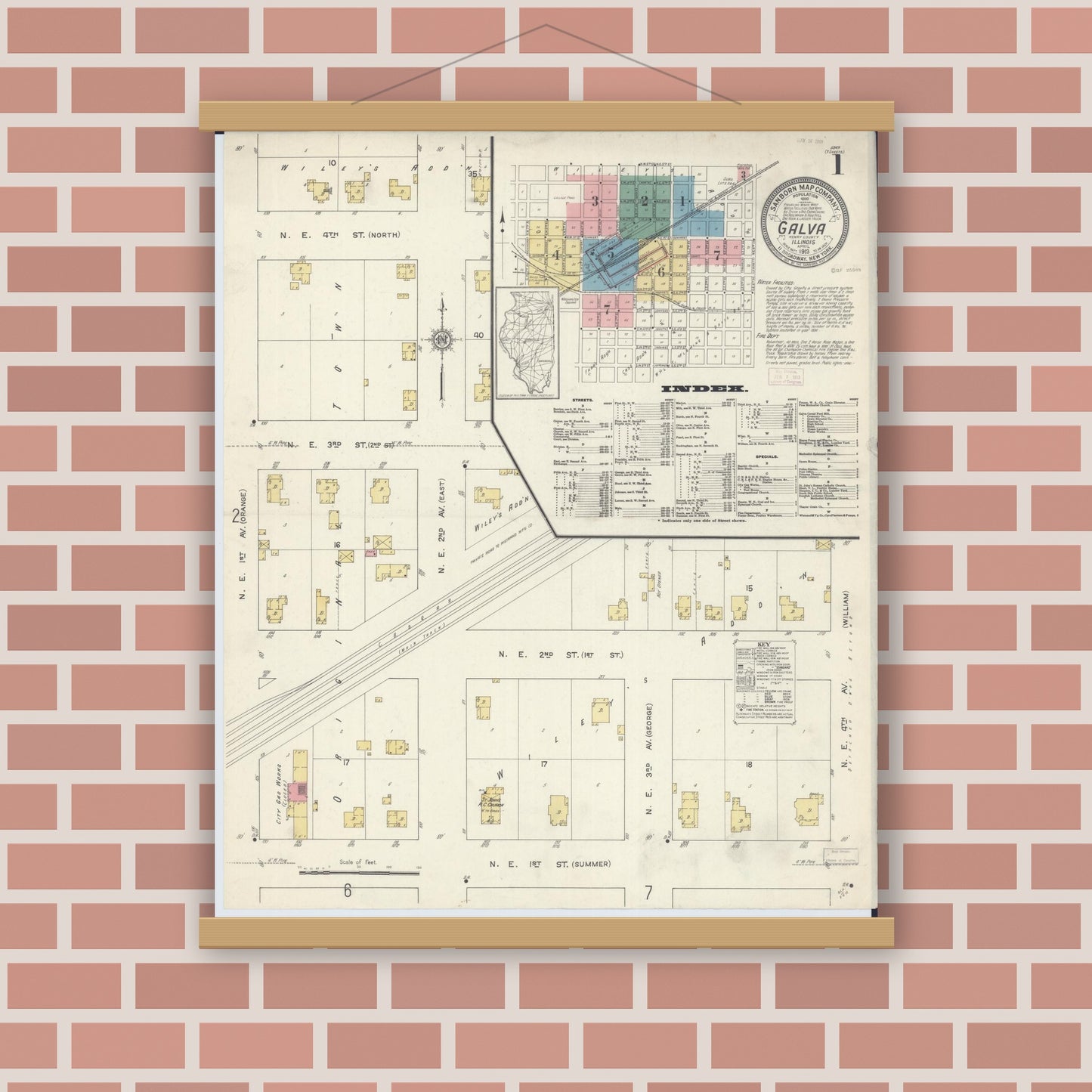 Old map wall art mockup — magnetic wood frame on brick wall — Sanborn Fire Insurance Map from Galva, Henry County, Illinois (1913) - Complete Map Set