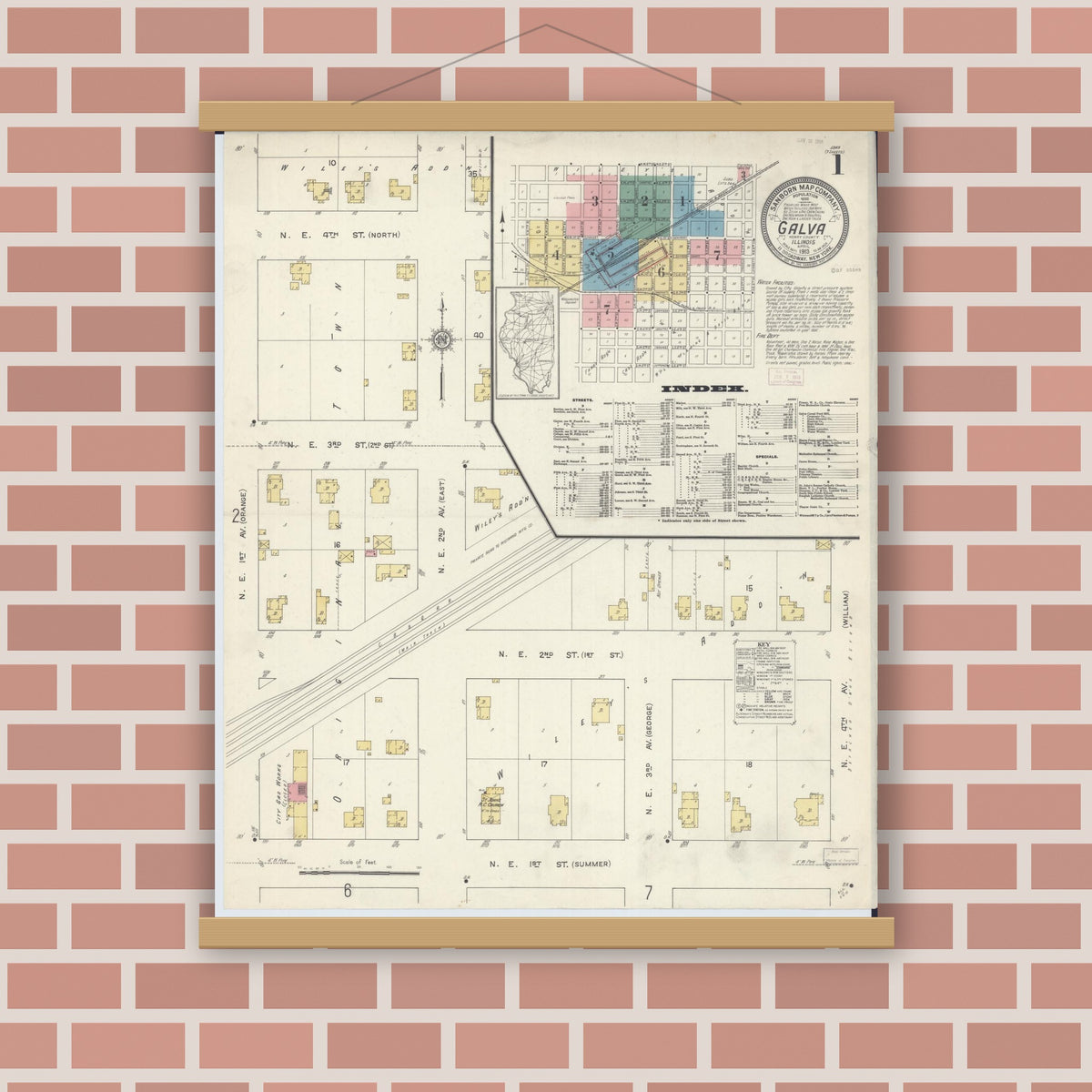 Old map wall art mockup — magnetic wood frame on brick wall — Sanborn Fire Insurance Map from Galva, Henry County, Illinois (1913) - Complete Map Set