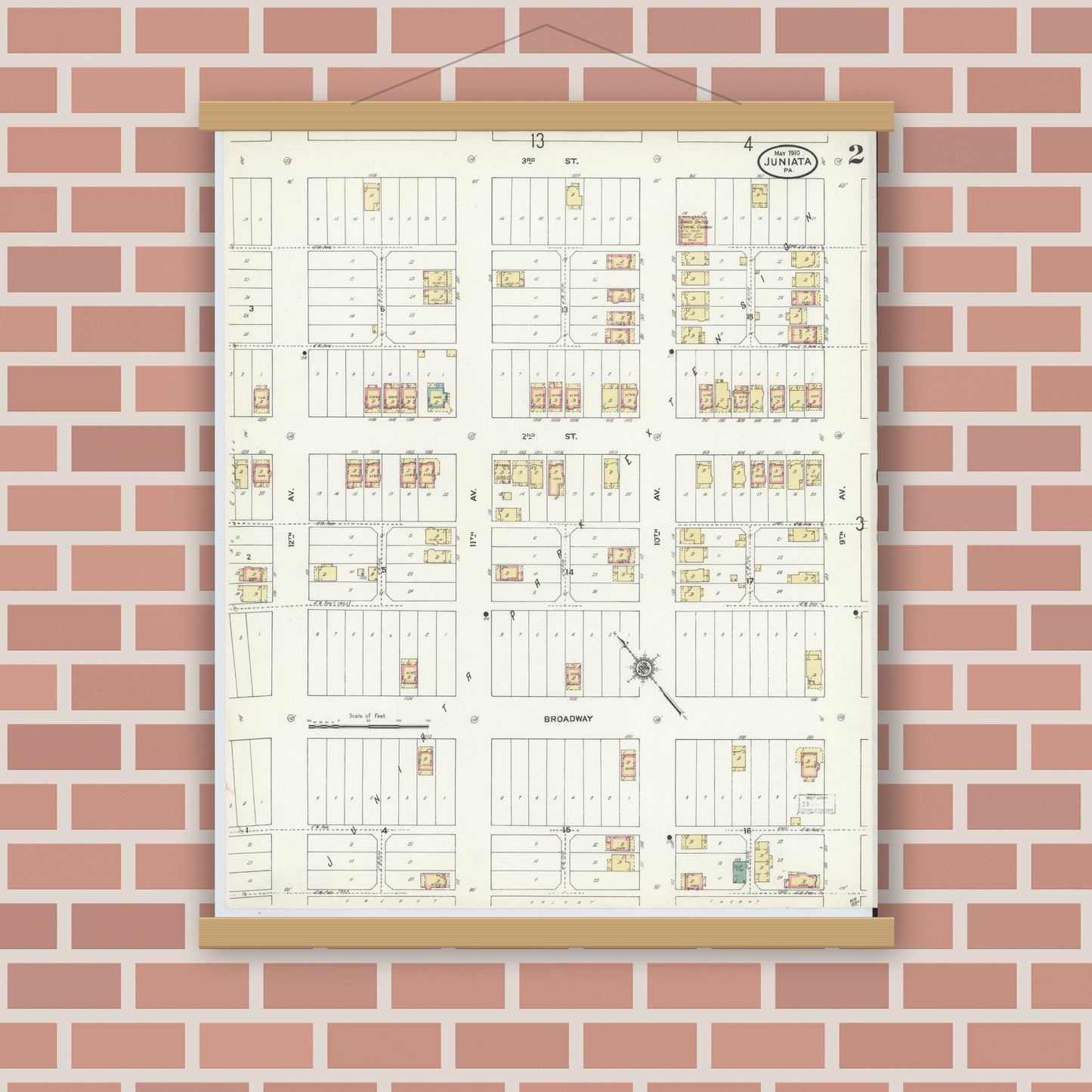 Old map wall art mockup — magnetic wood frame on brick wall — Sanborn Fire Insurance Map from Juniata, Blair County, Pennsylvania (1910), Sheet #0002