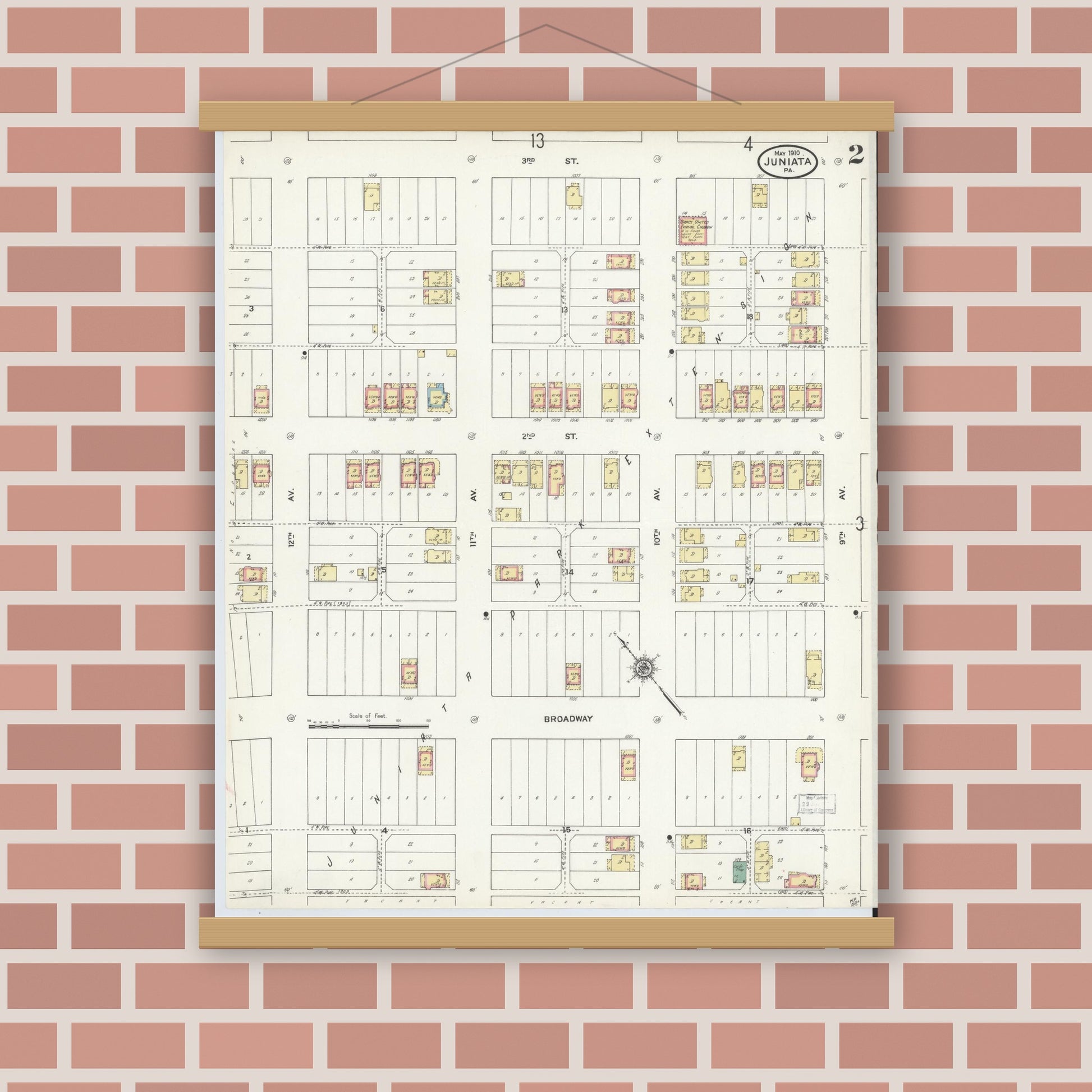 Old map wall art mockup — magnetic wood frame on brick wall — Sanborn Fire Insurance Map from Juniata, Blair County, Pennsylvania (1910), Sheet #0002
