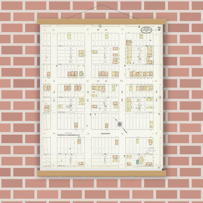 Old map wall art mockup — magnetic wood frame on brick wall — Sanborn Fire Insurance Map from Juniata, Blair County, Pennsylvania (1910), Sheet #0002