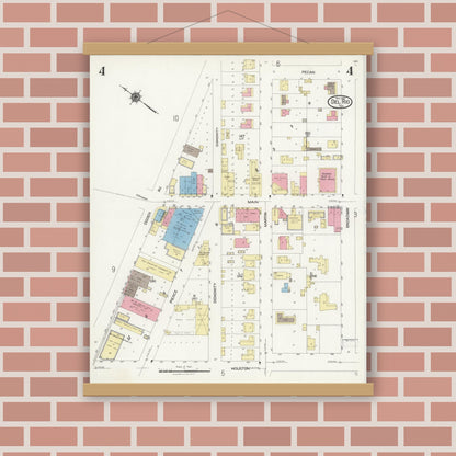 Old map wall art mockup — magnetic wood frame on brick wall — Sanborn Fire Insurance Map from Del Rio, Val Verde County, Texas (1924), Sheet #0004